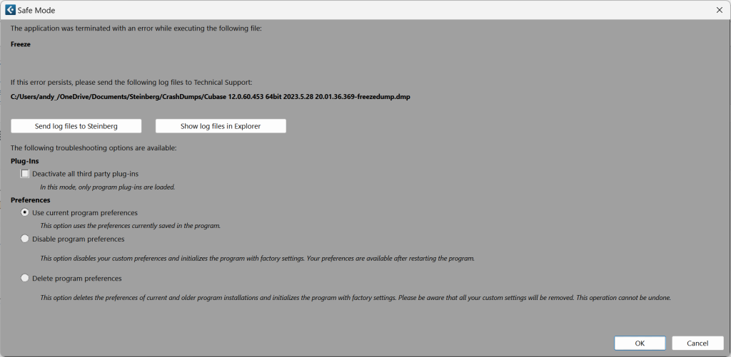 Cubase Safe Mode dialog box